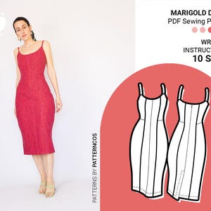 Puede incluir: Un patrón de costura en PDF para un vestido Marigold, con instrucciones escritas y 10 tallas. La imagen muestra un vestido rojo de largo midi con tirantes finos y silueta ajustada, junto a un dibujo técnico de la parte delantera y trasera.
