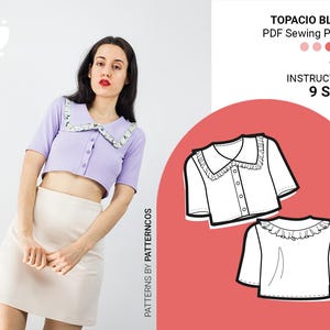 Topacio elastic buttoned blouse sewing pattern | Cozy top pattern | V-neck top pattern for women | 9 SIZES | PDF Sewing pattern