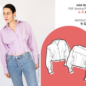 Buttoned Waist-fitted blouse sewing pattern | Pleated waist shirt pattern | Trendy blouse pattern for women | 9 SIZES | PDF Sewing pattern
