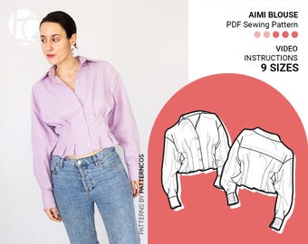 Geknöpft Taille tailliert Bluse Schnittmuster | Faltenbundmuster | Trendiges Blusenschnittmuster für Frauen | 9 GRÖßEN | PDF Schnittmuster