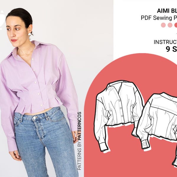 Patron de chemisier boutonné à la taille | Modèle de chemise plissée à la taille | Patron de chemisier tendance pour femme | 9 TAILLES | Patron de couture PDF