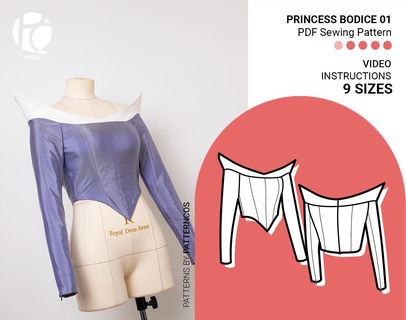 Princess bodice 01 sewing pattern | Cocktail bustier pattern | Corset pattern | Off shoulder neck pattern  | 9 SIZES | PDF Sewing pattern