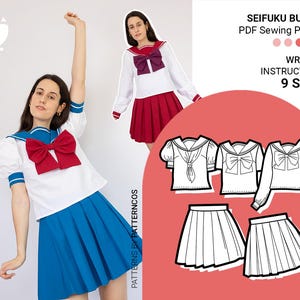 Seifuku cosplay pattern BUNDLE: Blouse + skirt | Japanese school uniform pattern | Sailor collar uniform pattern | PDF Sewing Pattern