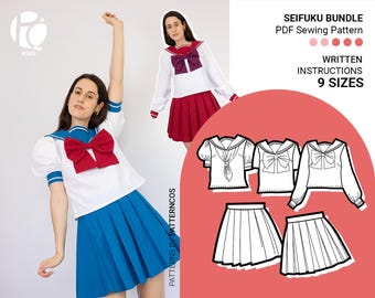 Seifuku cosplay pattern BUNDLE: Blouse + skirt | Japanese school uniform pattern | Sailor collar uniform pattern | PDF Sewing Pattern