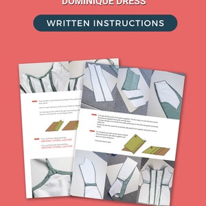 K&ouml;nnte beinhalten: Gedruckte Anweisungen f&uuml;r das Schnittmuster des Dominique-Kleides. Die Seiten zeigen Diagramme und Text, mit dem Titel "DOMINIQUE DRESS" und "WRITTEN INSTRUCTIONS" oben. Der Hintergrund ist einfarbig rot.