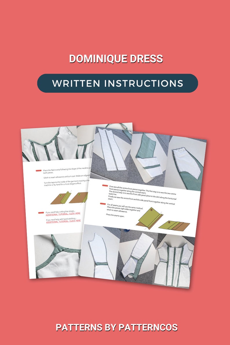 K&ouml;nnte beinhalten: Gedruckte Anweisungen f&uuml;r das Schnittmuster des Dominique-Kleides. Die Seiten zeigen Diagramme und Text, mit dem Titel "DOMINIQUE DRESS" und "WRITTEN INSTRUCTIONS" oben. Der Hintergrund ist einfarbig rot.