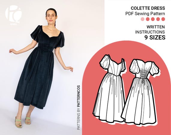 Elegant midi dress sewing pattern | Couture dress pattern for women | Sweetheart collar pattern | 9 SIZES | Digital PDF Sewing pattern