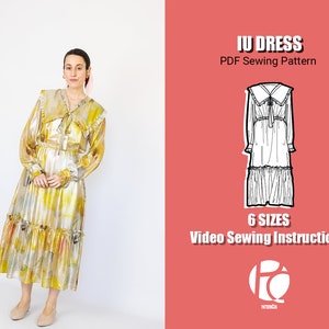 Vintage-inspiriertes Schnittmuster für ein Kleid | Romantisches Midi-Kleidmuster | Schnittmuster für ein Kleid mit Matrosenkragen für Damen | 6 GRÖSSEN | PDF-Schnittmuster
