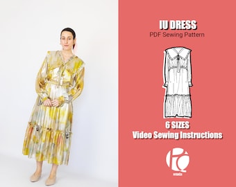 modèle de couture de robe d'inspiration vintage | Patron de robe romantique midi | Patron de robe à col marin pour femme | 6 TAILLES | Patron de couture PDF