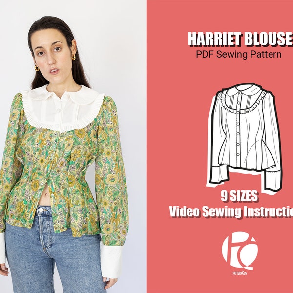 Harriet romantic blouse sewing pattern for women | Victorian inspired shirt pattern | Buttoned top pattern | 9 SIZES | PDF Sewing pattern