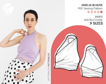 Einfaches Neckholder Top Schnittmuster | Elastisches Wickeltop Muster für Frauen | Öffnen Sie zurück Bluse | Gebundenes Top Muster | 9 GRÖßEN | PDF Schnittmuster