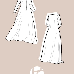 Peut inclure: Dessin au trait d'une longue robe blanche &agrave; manches longues. La robe a un devant boutonn&eacute; et est pr&eacute;sent&eacute;e de face et de dos.