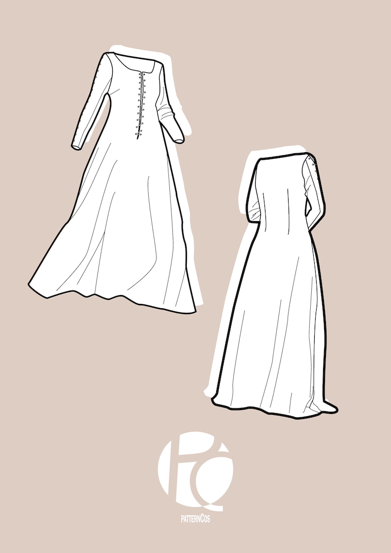 Peut inclure: Dessin au trait d'une longue robe blanche &agrave; manches longues. La robe a un devant boutonn&eacute; et est pr&eacute;sent&eacute;e de face et de dos.