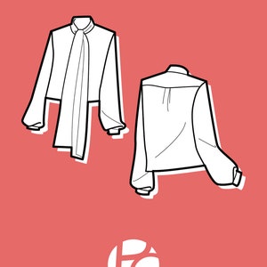 Basis naaipatroon voor blouse Elegant overhemdpatroon met knopen Blousepatroon met strikkraag Top met lantaarnmouwen 9 MATEN PDF-naaipatroon afbeelding 2