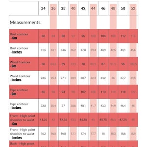 May include: A size chart with measurements in inches and centimeters for bust, waist, hips, and shoulder to waist. The chart includes sizes from 34 to 52, with corresponding measurements for each size.