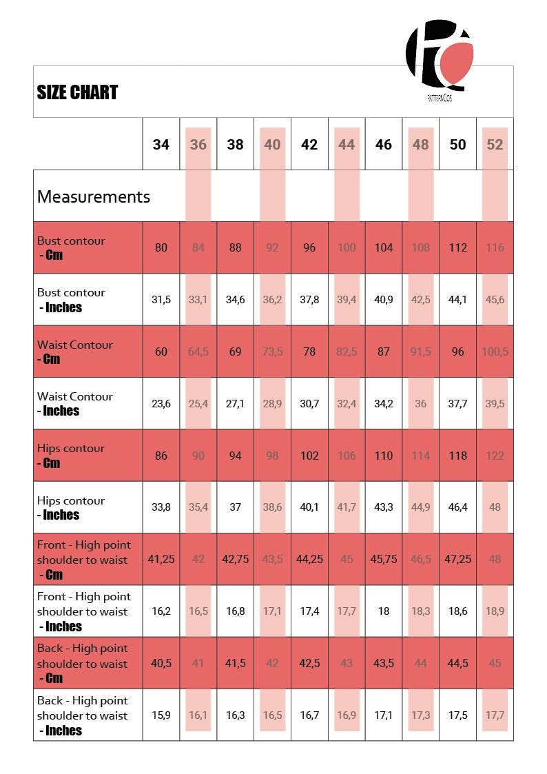 May include: A size chart with measurements in inches and centimeters for bust, waist, hips, and shoulder to waist. The chart includes sizes from 34 to 52, with corresponding measurements for each size.