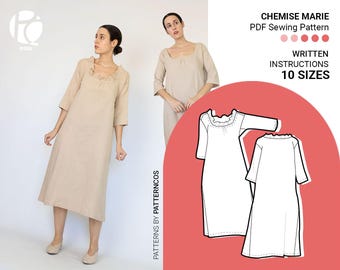 Patron de couture pour chemise de nuit XVIIIe-XIXe siècle | Patron de nuisette ou de sous-vêtement | Robe d'époque | 10 tailles | Patron de couture PDF