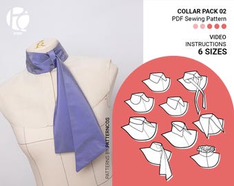 Kragenpackung 02 Schnittmuster | Schnittmuster für geknöpften Kragen für Blusen und Kleider | Reverskragen Muster | 6 GRÖßEN | PDF Schnittmuster