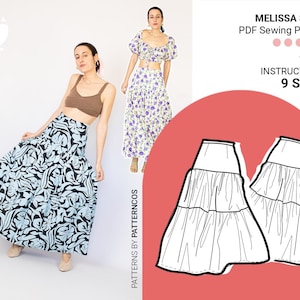 Melissa tiered maxi skirt sewing pattern | Gathered long skirt pattern | Cute flared skirt pattern for women  | 9 SIZES | PDF Sewing pattern