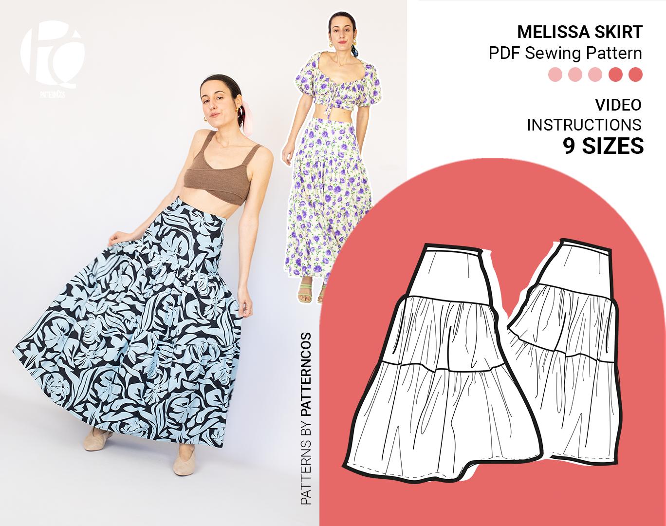 Melissa tiered maxi skirt sewing pattern | Gathered long skirt pattern | Cute flared skirt pattern for women  | 9 SIZES | PDF Sewing pattern