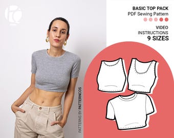 Kit de moldes para top cropped elástico | Molde para regata | Blusa de manga curta | Molde para top esportivo feminino | 9 TAMANHOS | Molde em PDF