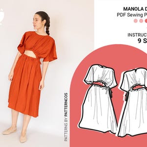 Patrón de costura para vestido midi / Patrón de vestido de verano con cordones / Patrón de vestido fruncido y cómodo / Vestido ancho / 9 TALLAS / Patrón de costura en PDF