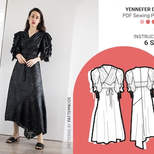 Evening midi dress sewing pattern| Vintage-style dress pattern | Puffy sleeve pattern | Empire wedding dress | 6 SIZES | PDF Sewing pattern