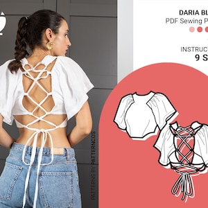 Lace Up Back Crop Top Sewing Pattern | Fashion blouse pattern for women | Puffy sleeve pattern | Fitted top | 9 SIZES | PDF Sewing pattern