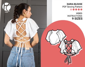 Molde para blusa cropped com amarração nas costas | Molde de blusa feminina | Manga bufante | Blusa ajustada | 9 tamanhos | Molde em PDF