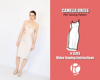 Camelia silk slip dress sewing pattern | French style midi dress pattern | Easy silky bias dress pattern  | 9 SIZES | PDF Sewing pattern