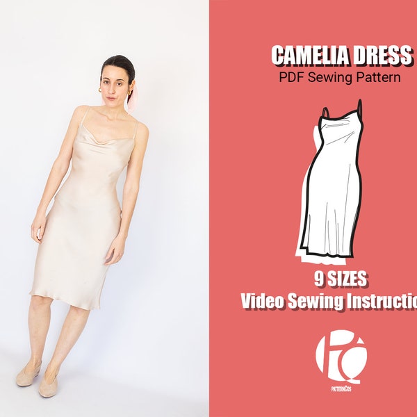 Camelia silk slip dress sewing pattern | French style midi dress pattern | Easy silky bias dress pattern  | 9 SIZES | PDF Sewing pattern