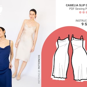 Wykrój na sukienkę z jedwabiu Camelia | Wykrój na sukienkę midi w stylu francuskim | Łatwy wykrój na sukienkę z jedwabiu ukośnego | 9 ROZMIARÓW | Wykrój w formacie PDF