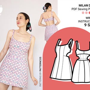 ミニサマードレスの縫製パターン | バックオープンドレス | シックなストラップドレス | 女性用Aラインドレスのパターン | 9サイズ | PDF縫製パターン