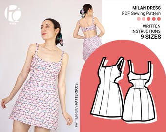 Molde de costura para minivestido de verão | Vestido com costas abertas | Vestido chique com alças | Molde de vestido em corte A para mulheres | 9 TAMANHOS | Molde de costura em PDF