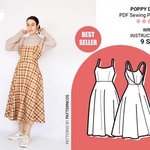 Basic Midi Kleid Schnittmuster für Frauen | V Rücken Ausschnitt Kleidermuster | Cottagecore Kleid | 9 GRÖßEN | PDF Schnittmuster