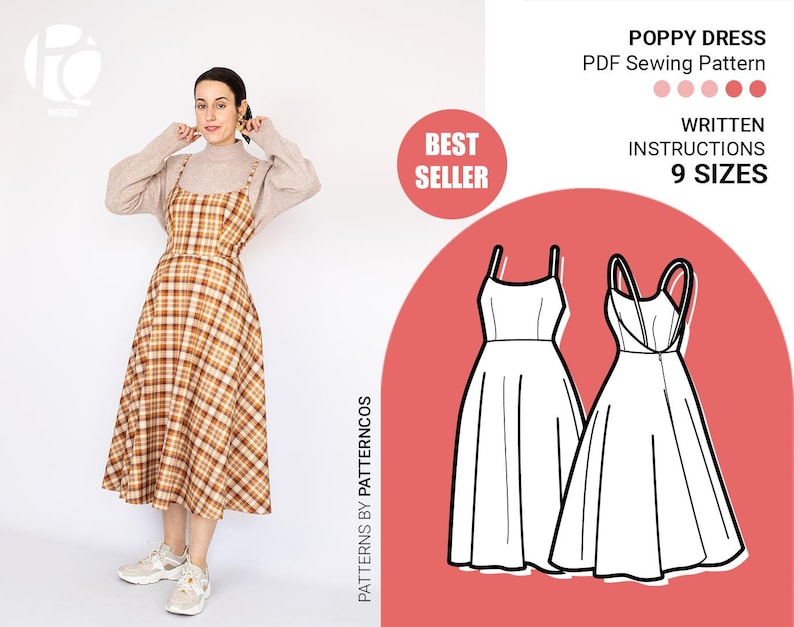 Molde básico para vestido midi feminino | Molde para vestido com decote em V nas costas | Vestido estilo Cottagecore | 9 TAMANHOS | Molde em PDF imagem 1