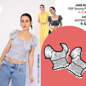 Elastic blouse sewing pattern | Casual top pattern for summer | Basic dress pattern and puffed sleeves | 9 SIZES | PDF Sewing pattern