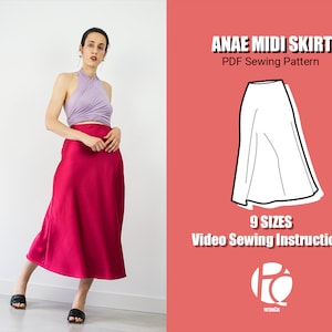 Easy midi bias skirt sewing pattern | Cozy silky skirt pattern | Slip skirt pattern for women | Flared skirt | 9 SIZES | PDF Sewing pattern