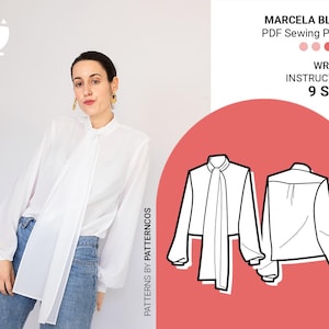 Modello base per camicetta / Modello elegante per camicia abbottonata / Modello per camicetta con collo annodato / Top con maniche a lanterna / 9 TAGLIE / Modello PDF per cucito