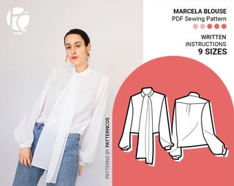 Molde básico para blusa | Molde elegante para camisa com botões | Molde para blusa com gola laço | Blusa com manga bufante | 9 TAMANHOS | Molde em PDF