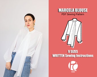 Basis naaipatroon voor blouse | Elegant overhemdpatroon met knopen | Blousepatroon met strikkraag | Top met lantaarnmouwen | 9 MATEN | PDF-naaipatroon