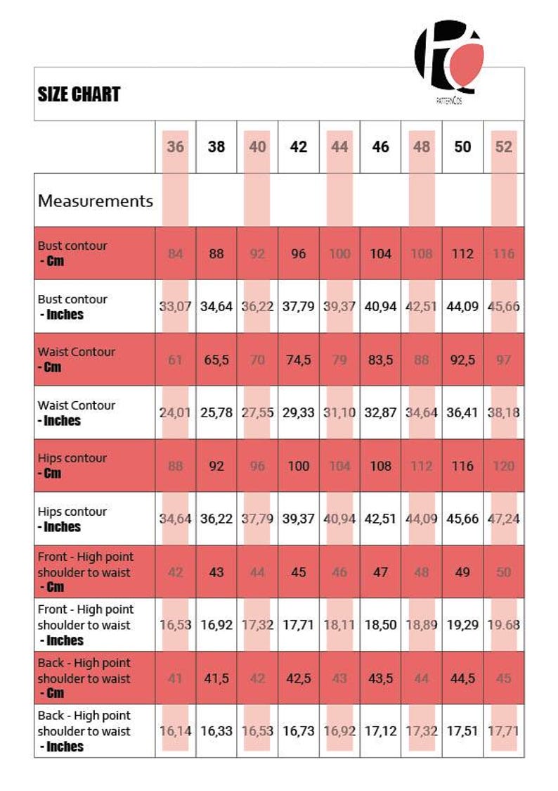 Pu&ograve; includere: Tabella delle taglie per abbigliamento con misure in pollici e centimetri. La tabella include le misure di busto, vita, fianchi e spalla a vita per le taglie 36-52.