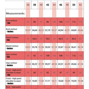 May include: Size chart for clothing with measurements in inches and centimeters. The chart includes bust, waist, hips, and shoulder to waist measurements for sizes 36 to 52.