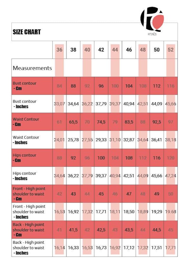 May include: Size chart for clothing with measurements in inches and centimeters. The chart includes bust, waist, hips, and shoulder to waist measurements for sizes 36 to 52.