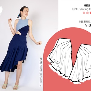 Cascade draped skirt sewing pattern | Midi high-waist skirt pattern | Asymmetrical flared skirt pattern | 9 SIZES | PDF Sewing pattern