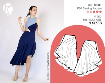 Cascade draped skirt sewing pattern | Midi high-waist skirt pattern | Asymmetrical flared skirt pattern | 9 SIZES | PDF Sewing pattern