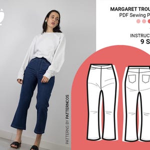 Flared trousers sewing pattern | Casual denim pants pattern | Basic high-waist pants pattern for women | 9 SIZES | PDF Sewing pattern
