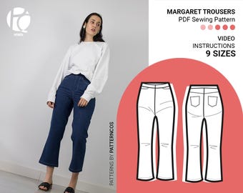 Flared trousers sewing pattern | Casual denim pants pattern | Basic high-waist pants pattern for women | 9 SIZES | PDF Sewing pattern