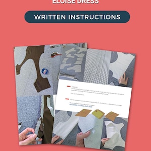 May include: Image of sewing pattern instructions for the Eloise Dress. The image includes pattern pieces, fabric swatches, and written instructions. The background is a solid red color.