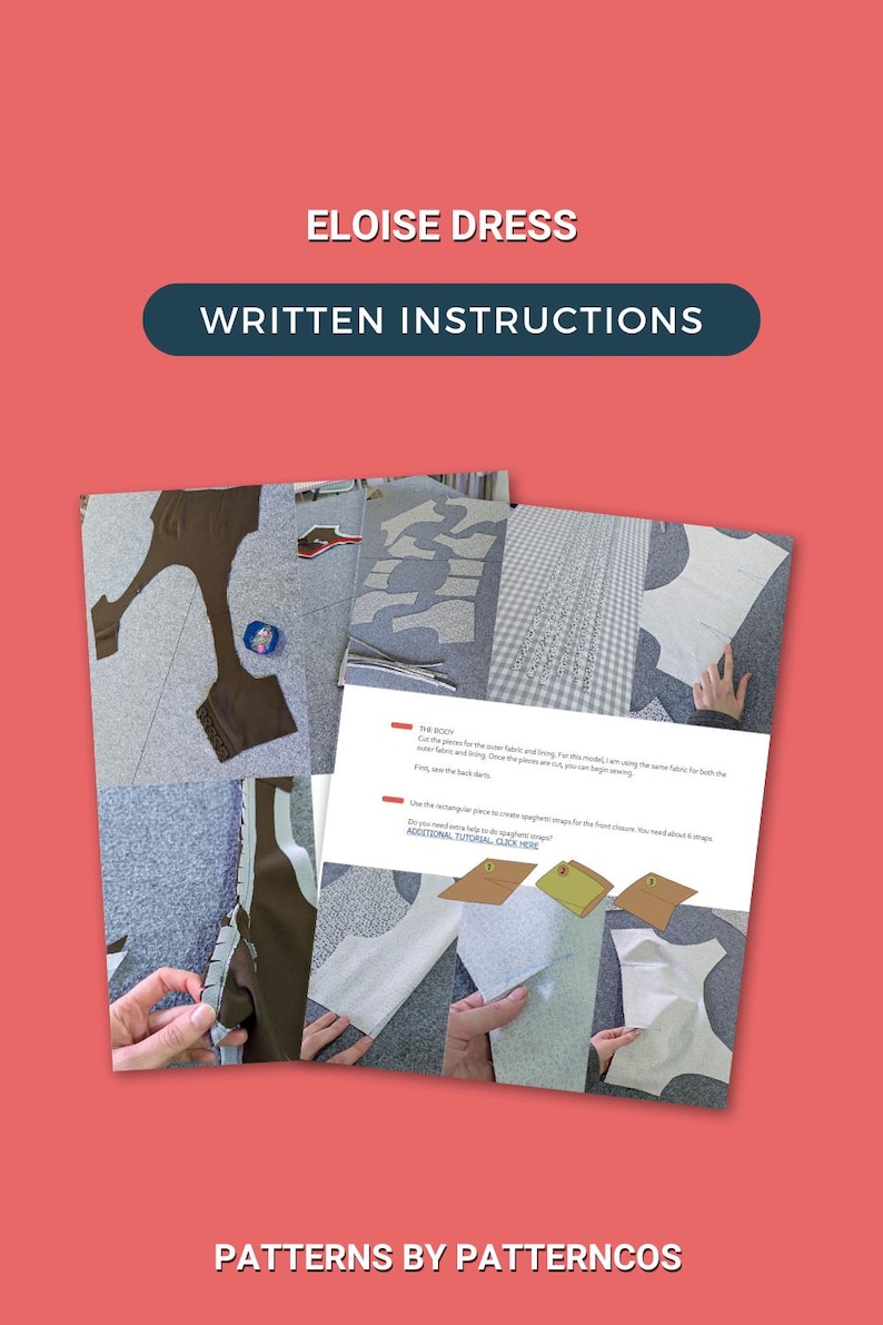 May include: Image of sewing pattern instructions for the Eloise Dress. The image includes pattern pieces, fabric swatches, and written instructions. The background is a solid red color.